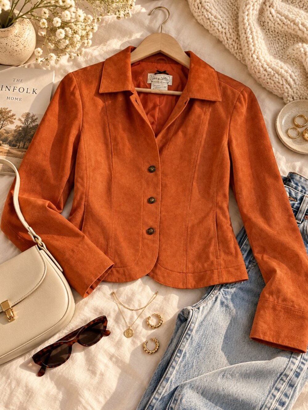 Live A Little Burnt Orange 100% Suede Leather Tailored Jacket M